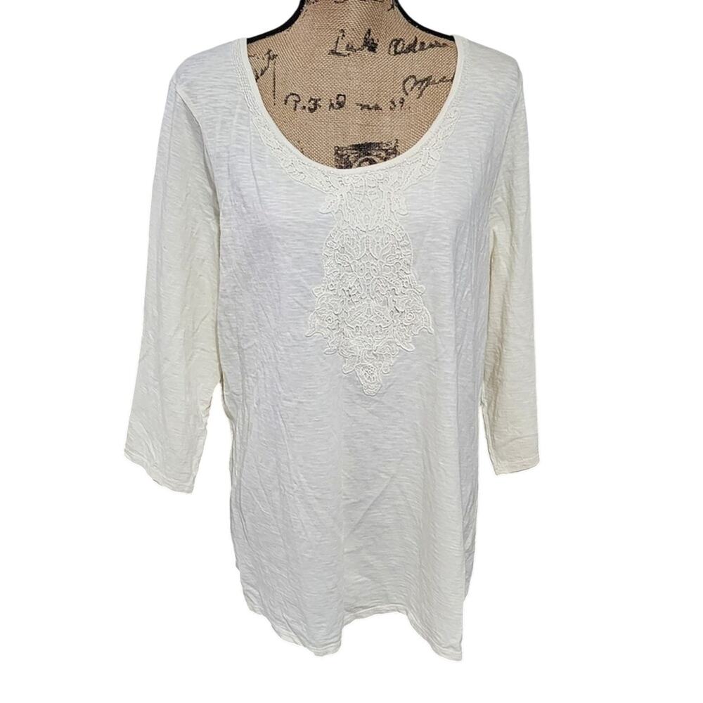 Coldwater Creek White Cotton Slub Lace Beaded Scoop Neck 3/4 Sleeve Top 1X 18